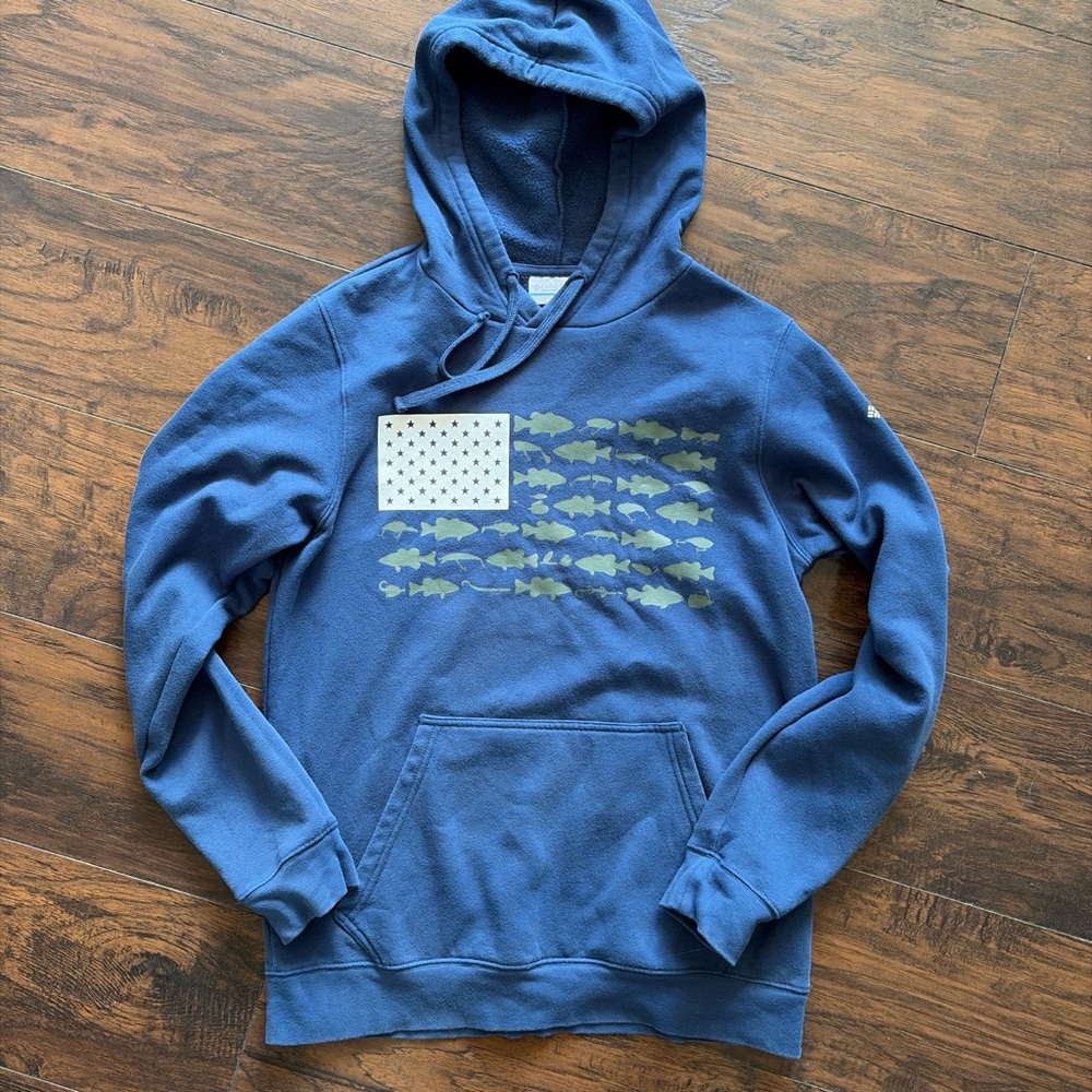Columbia Blue Hoodie with Green Fish Flag Graphic